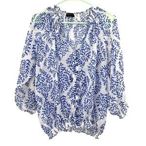 BCBG Maxazria Size Medium‎ Blouse Blue White Ruched Long Sleeve Semi Sheer